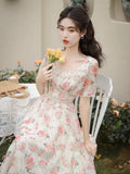 Ebbgo  French Romantic Floral Dress Female Pink Print Lace Square Neck Chic Vintage Dresses For Women's Summer Elegant Fairy Vestidos