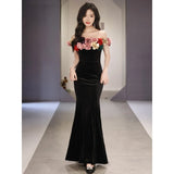 Ebbgo  -  Evening dresses flower gown black velet off shoulder dress French fishtail long skirt h88323