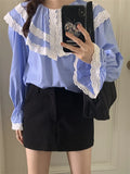 Ebbgo  Blue Shirts Women Flare Sleeve Autumn Lace Sweet Chic  Casual Peter Pan Collar Daily New Office Lady Gentle