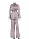 Ebbgo  -  Satin Feather Pajamas for Women Spring Causal Loose Home Suit Luxury Sleepwear Long Sleeve Lace-Up Robes Two Piece Set Female