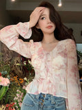 Ebbgo  Chiffon Print Elegant Vintage Blouse Women Flare Sleeve Fairy Sweet Blouse Female Ruffles France Style Causal Tops Summer