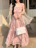 Ebbgo  -  Pink Print French Strap Dress Women Chiffon Elegant Evening Party Midi Dress Female Ruffle Korean Sweet fairy Dress Summer