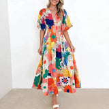 Ebbgo  -  Spring Fashion Floral Print Hem Long Dress Women Elegant V Neck High Waist Party Dress Summer Short Sleeve Holiday Beach Dresses