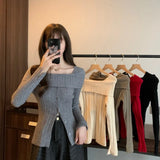 Ebbgo  -  Off Shoulder Sweater Women Autumn New Sweet Knitted Cardigan Elegant Sexy Long Sleeve Knitwear Tops Casual Chic Slim Sweaters