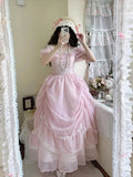 Ebbgo-  Gentle Pink Puff Sleeve Op Dress Floral Wedding Lolita Waist Slimming Bow Tail