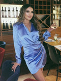 Ebbgo   Women Fashion Pink With Gathered Satin Mini Dress Vintage V Neck Long Sleeve Female Dresses Loose Fold Solid Dress