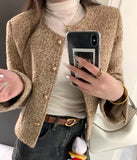 Ebbgo  French Temperament Woolen Cardigan Jacket Women Round Neck Single Breasted Retro Solid Loose Fashion Spring Versatile Chic Coat