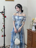 Ebbgo  Fashion Women Blue Floral Print Holiday Princess Evening Party Dress Vintage Elegant Ladies Puff Sleeve Ruffles Long Dress