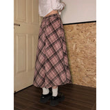 Ebbgo  Vintage Plaid Woolen Skirts Ladies 2024 Spring Autumn Fashion Korean A-Line Loose Casual Women High Waist Midi Pink Plaid Skirt