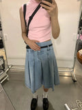 Ebbgo  Summer Pleated Skirt Women Girls Blue Jeans Midi Knee-length Denim Skirt A-line Long Skirt Y2k Korean Vintage Skirt