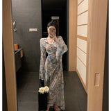 Ebbgo  Women Clothing Dress Korean Version Slim Medium Length Temperament Long Skirt Design Sense Chic Lace Up Split Blue Floral Dress