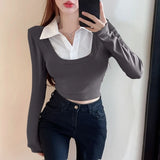 Ebbgo  All-match Fake Two Piece Bottoming Tops Women 2024 Spring New Slim Fit T-shirts Y2k E-Girl Long Sleeve Knitted Pullover