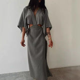 Ebbgo  -  Cotton Linen V-neck Party Dress Elegant V-neck Split Backless Hollow Solid Long Dress Women Casual Bat Sleeve Loose Maxi Dresses