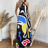 Ebbgo  -  Vintage Abstract Print Pocket A-Line Long Dress Women Sexy Cross Halter Hollow Party Dress Summer Sleeveless Hem Boho Maxi Dress