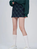 Ebbgo  Vintage Pr eppy Green Plaid Skirt Women Check England Style School Casual High Waist A-line Slim Mini Skirt 90s Aesthetic