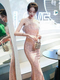 Ebbgo  -  Evening dress pink light luxury minority high-grade banquet tube top sequins fishtail dresses l0896