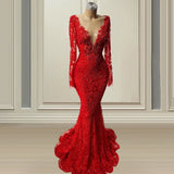 Ebbgo  -  Amazing Red Lace Evening Dresses  Mermaid Beading Long Sleeves Illusion Neck Major Prom Pageant Gows Robe De Mariage