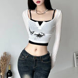 Ebbgo  Fashion Butterfly Print Slim Fit Long Sleeve T-shirts+ Y2k E-Girl Sexy Black Camisole Tops 2024 Summer New Two Piece Sets