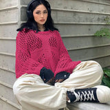 Ebbgo   -  Fashion Hollow Out Y2k Cropped Knit Jumper Tops Long Sleeve T-shirt Harajuku Oversized Streetwear O-neck Sexy Beach Sweater New