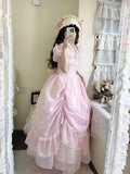 Ebbgo-  Gentle Pink Puff Sleeve Op Dress Floral Wedding Lolita Waist Slimming Bow Tail