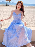 Ebbgo  -  Women Summer V-neck Backless Fairy Dress Vintage Blue Ruffles Holiday Beach Spaghetti Strapped Dresses Elagant Party Dress