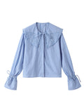 Ebbgo  - Blue Striped Lace Up Shirt for Women Doll Collar Flare Sleeve Lapel Female Blouses Spring Summer Casual Loose Lady Crop Top