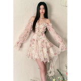 Ebbgo  -  Summer New Rose Floral Dresses Irregular Slim Waist Ruffles Dress for Women Sexy Off Shoulder Long Sleeve Vestidos Mujer