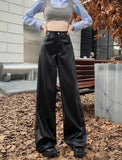 Ebbgo  -  Retro Hot Girl Black High Waist Leather Pants Women's Autumn Versatile Drop Straight Wide Leg Casual Long Pants Female Clothes