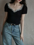 Ebbgo  -  Lace Trim Neckline Crop Tops Fairycore Aesthetics Vintage Black Milkmaid Tees Chic Women Y2K Retro Grunge T Shirt Korean