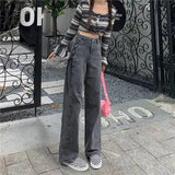 Ebbgo  High Waist Shot Trousers Gray Women's Jeans with Pockets Pants for Woman Straight Leg Cool 2024 Korean Style Xxl Summer Basics R