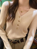 Ebbgo  -  V-neck Knit Pullover Women Fashion Slim Chic Soft Korean Knitwears Female Spring Autumn Solid Long Sleeves Knitwears Lady