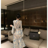 Ebbgo  Women Clothing Dress Korean Version Slim Medium Length Temperament Long Skirt Design Sense Chic Lace Up Split Blue Floral Dress