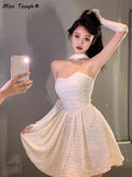 Ebbgo  France Elegant Sexy Dress Women Summer  Vintage Party Mini Dresses Casual Halter Designer Chic Korean Fashion Female Dress