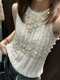 Ebbgo 2024 NEW White Pearl Sleeveless Knitted Vest Pullover Women O-neck Solid Hollow Out Rib Vests  Spring Elegant Lady Casual Tops