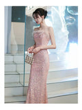 Ebbgo  -  Evening dress pink light luxury minority high-grade banquet tube top sequins fishtail dresses l0896