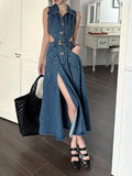 Ebbgo  Retro Denim Dress Women's  Summer New Shirt Collar Hollow Split Waist Long Skirt Sleeveless One-piece Sexy Denim Dresses