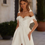 Ebbgo  -  Satin Wedding Dress Sequined Sweetheart Off The Shoulder A Line With Pocket Wedding Gown High Slit Lace Up Back Robe De Mariee