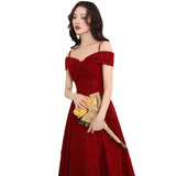 Ebbgo  -  Elegant Dress Women's off Shoulder Spaghetti Straps Mid-Length Bow Evening Dress Red Satin H82092