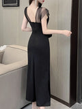 Ebbgo  -  French Elegant Slim Fit Midi Dress For Women Design Sexy High Split Chic Princess Party Female Clothes Summer