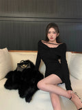 Ebbgo  -  New Fashion Long Sleeve Red Knit Dress Off Shoulder Sexy Slash Neck Slim Pencil Mini Dress Fit Hip Bottoming Sweater Dress