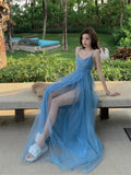 Ebbgo  -  Women Beach Long Holiday Dress Blue Mesh Strap V-Neck Split Maxi Dress vestidos elegantes wedding party dresses prom dress