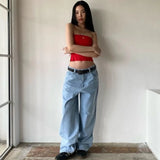 Ebbgo  American Street Retro Pocket Embroidery Jeans Y2k E-Girl All-match Loose Wide Leg Pants Summer New Denim Pants for Women