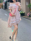 Ebbgo  Floral Kawaii Lolita Party Mini Dress Women Print Ruffles Korean Sweet Cute Fairy Dress Off Shoulder Elegant Dress Summer