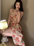 Ebbgo  Summer Sexy Beach Style Party Dress Women Korean Casual One Piece Sleeveless Floral Long Dress Lady V-neck Outwear