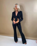 Ebbgo  -  Sexy Strap Long Sleeved Shoulder Padded Suit Top Tight Flare Pants Set Spring/Summer New Two Piece Set