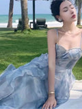 Ebbgo  - Tea Break French Blue Strap Dress Female Summer New Beach Holiday Sunset Fairy