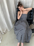 Ebbgo  Summer  New French Style Plaid Strapless Dress For Women Casual Elegant Party Dress Korean Vintage Street Fairy Vestidos