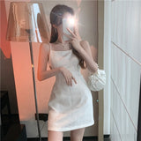 Ebbgo  Summer Sexy White Spaghetti Strap Party Mini Dress 2023 French Prom Women Clothe Backless Pearls Camisole Black Sleeveless Dress