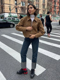 Ebbgo  -  fall outfit Fashion Studded Spliced Long Sleeves Jacket Women Turn-down Collar Slim Cropped Coat Autumn New Lady Office Commute Outwear