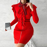 Ebbgo  -  Fashion Tie-Up Bow Collar Patchwork Dress Women Elegant Commute Slim Red Knitted Dress Office Lady Striped Contrast Zipper Dress